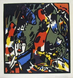 Wassily Kandinsky: Arciere, anno intorno al 1910, xilografia a colori (dall’almanacco del “Der Blaue Reiter”), 16 x 4 x 15,2 cm., Museum am Ostwall, Dortmund.